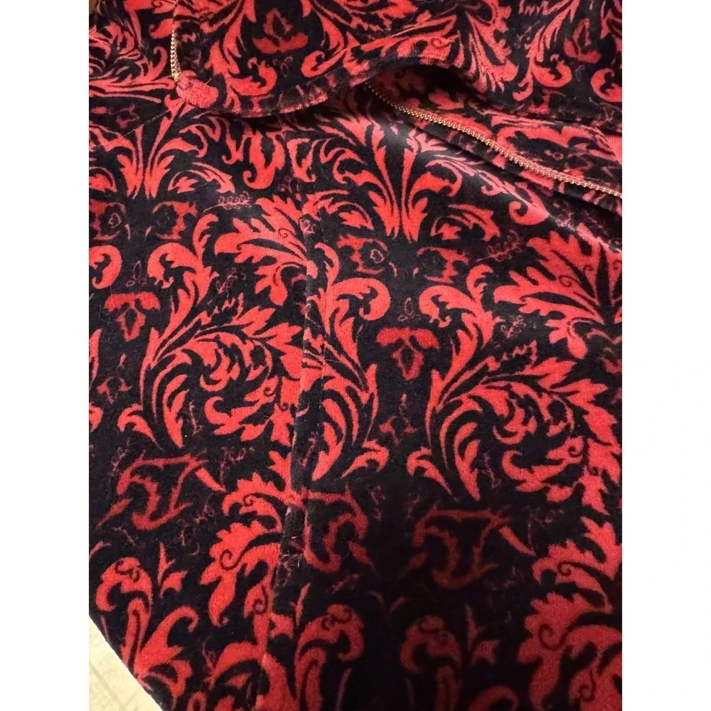 Charter Club Women's‎ SZ P/M Red Black Damask Velvet Zip Up Bomber Jacket Soft